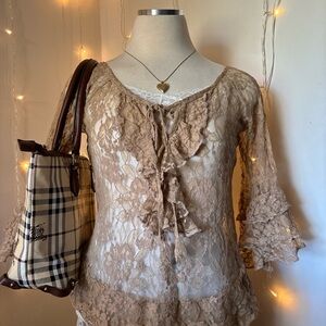 Elegant Lace Ruffle Blouse in Tan